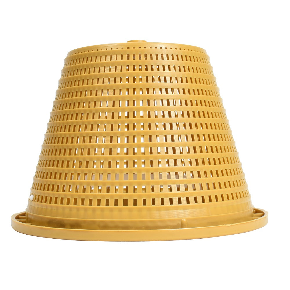 Swimquip pool weir basket in mustard yellow plastic with tapered conical shape and slotted perforated sides