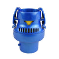Blue plastic pool cleaner flow regulator with vented body, yellow ball valve indicator, and four clip-lock tabs on open top inlet