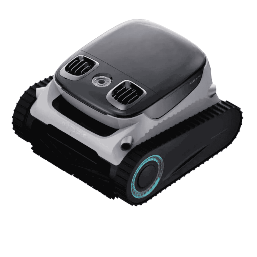 Aiper Scuba N1-Pro cordless robotic pool cleaner in grey and black with rubber tracks and teal accent wheel