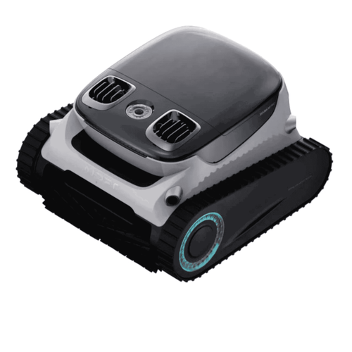 Aiper Scuba N1-Pro cordless robotic pool cleaner in grey and black with rubber tracks and teal accent wheel
