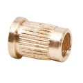Brass knurled threaded insert M6 with flanged top and visible internal thread, gold-toned cylindrical body