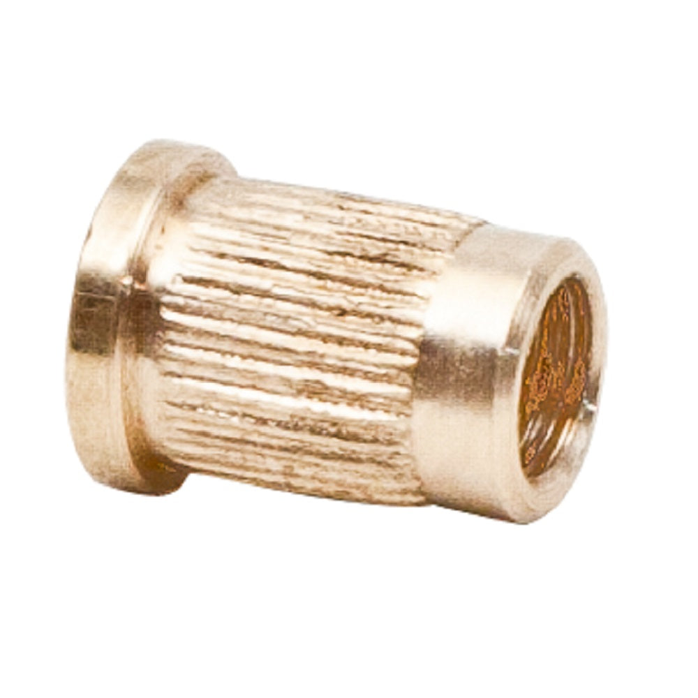 Brass knurled threaded insert M6 with flanged top and visible internal thread, gold-toned cylindrical body