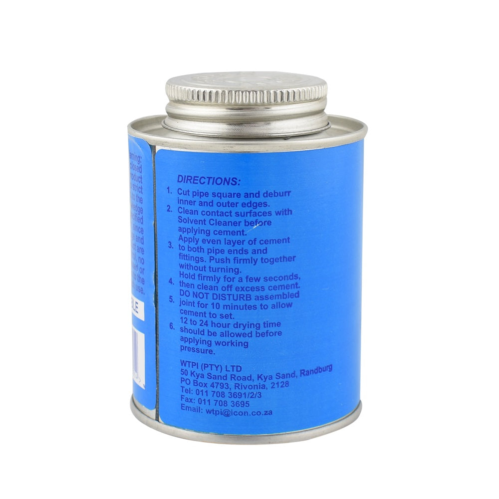 Small metal tin of PVC pipe solvent cement with blue label and silver screw-top lid, directions printed on side