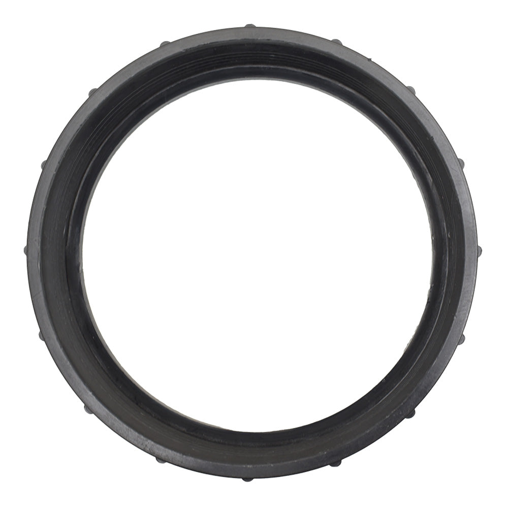 Black plastic spa filter cartridge locking nut ring with threaded interior and textured outer grip edge