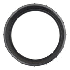Black plastic spa filter cartridge locking nut ring with threaded interior and textured outer grip edge