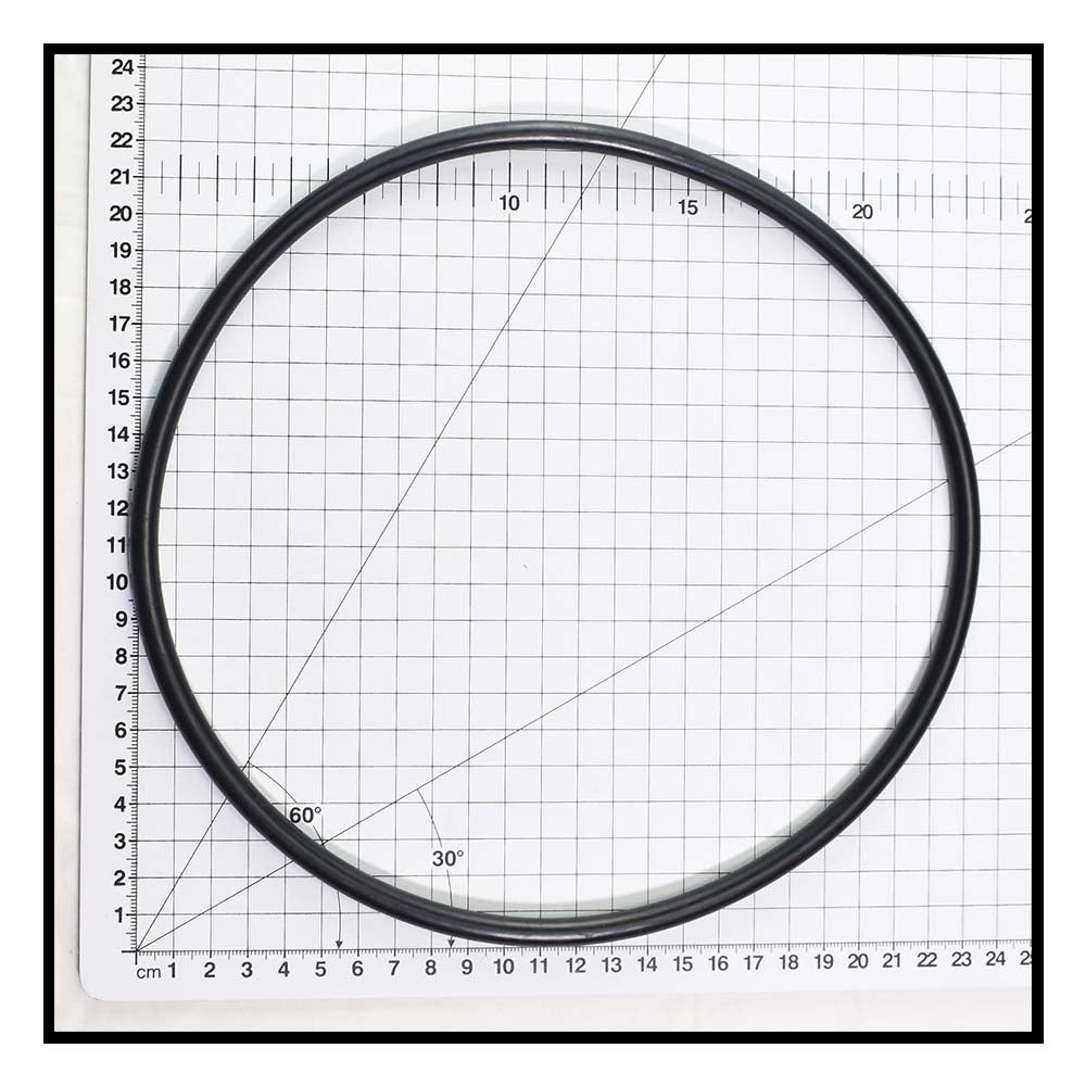 Black rubber O-ring seal for 610 filter lid, approximately 20cm diameter, shown on metric grid mat