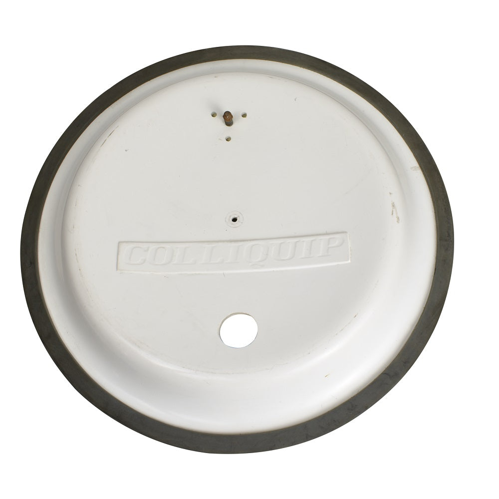 Colliquip round white plastic vacuum lid 300mm with grey rubber rim seal, central drain hole, and embossed brand label