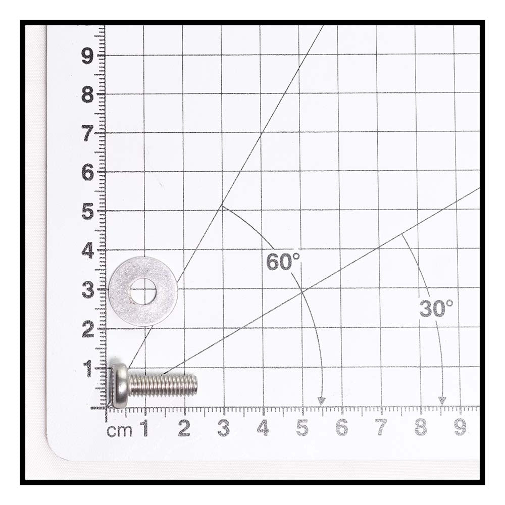 Silver metal pan head screw and flat washer set shown against cm ruler, approximately 2cm screw length