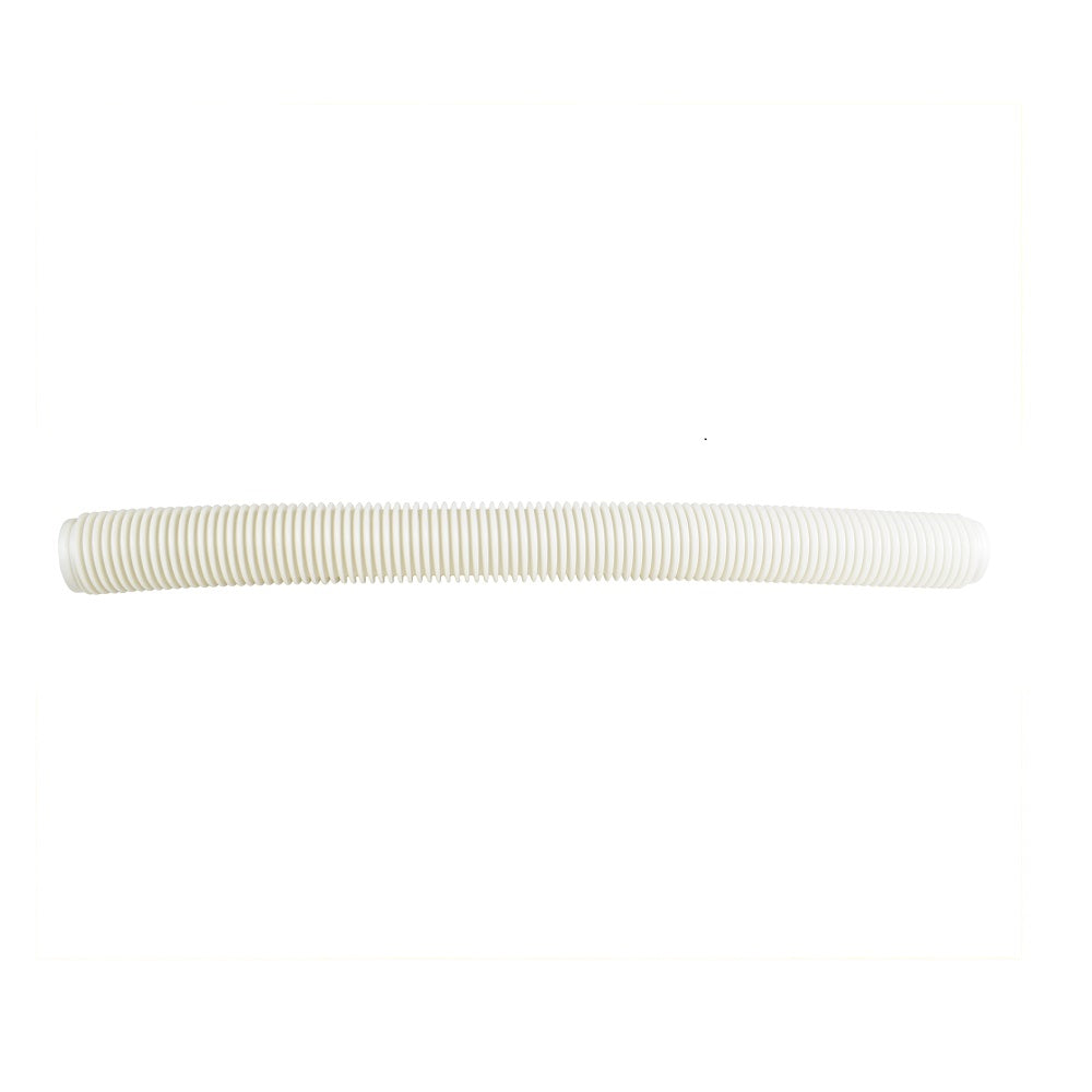 White corrugated flexible pool cleaner hose with ribbed plastic construction, slightly curved length