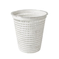 White plastic pool skimmer basket with tapered cylindrical body, grid-pattern perforations, and rimmed top edge
