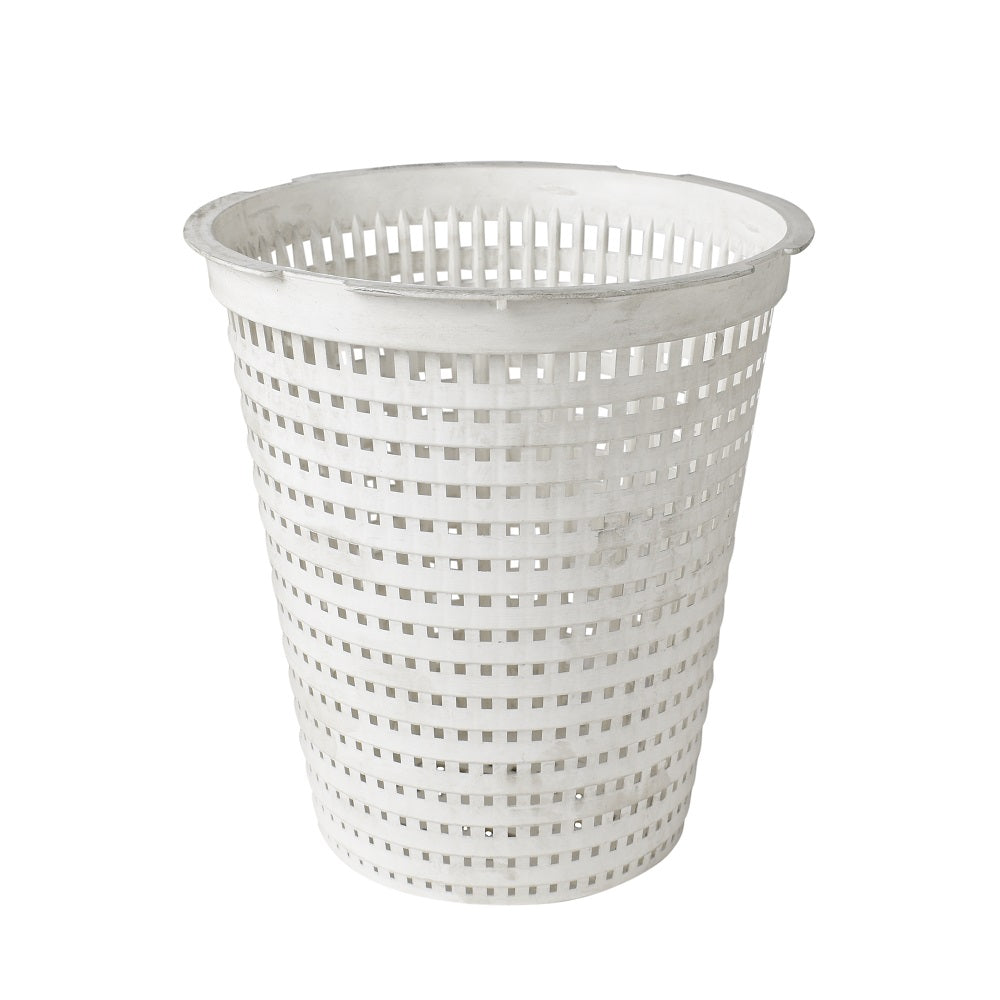 White plastic pool skimmer basket with tapered cylindrical body, grid-pattern perforations, and rimmed top edge