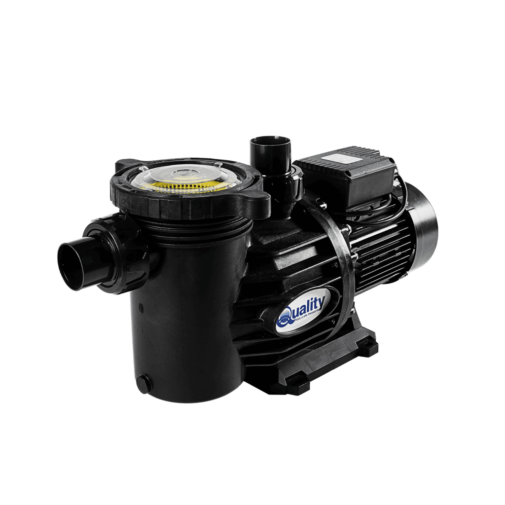 Quality 1.1kW Swimflo 2 pool pump and motor in black with clear strainer lid, inlet port, and electric motor housing