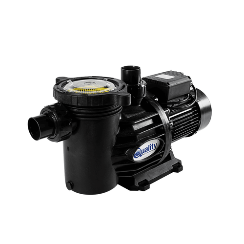 Quality 1.1kW Swimflo 2 pool pump and motor in black with clear strainer lid, inlet port, and electric motor housing