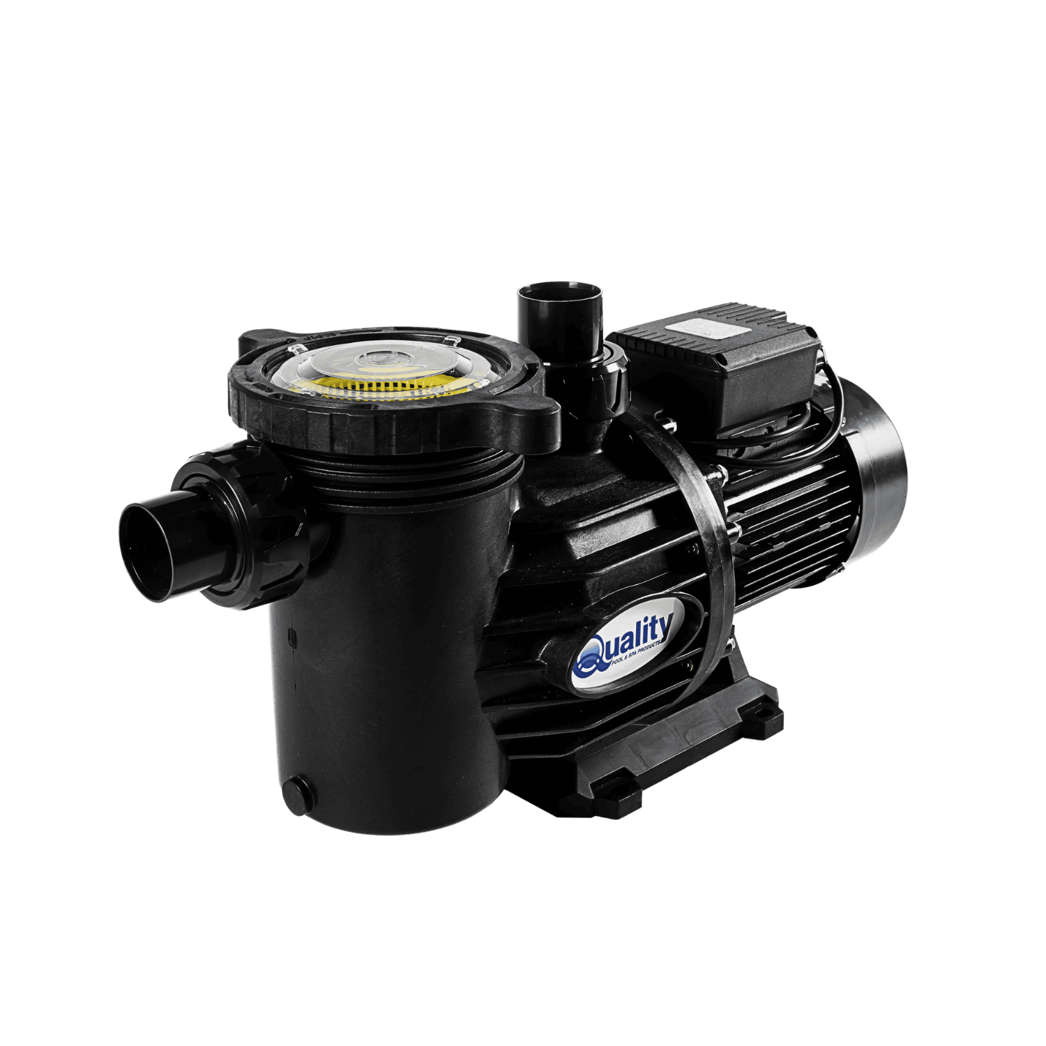 Quality 0.75kW Swimflo 2 pool pump and motor in black with clear strainer lid, inlet port, and ribbed electric motor housing