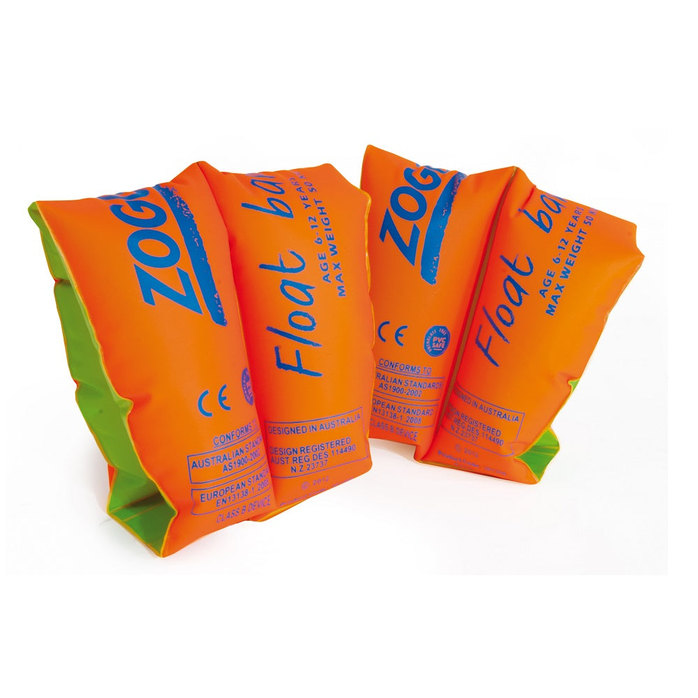 Pair of Zoggs Float Bands in bright orange with green trim and blue lettering, inflatable armbands for kids