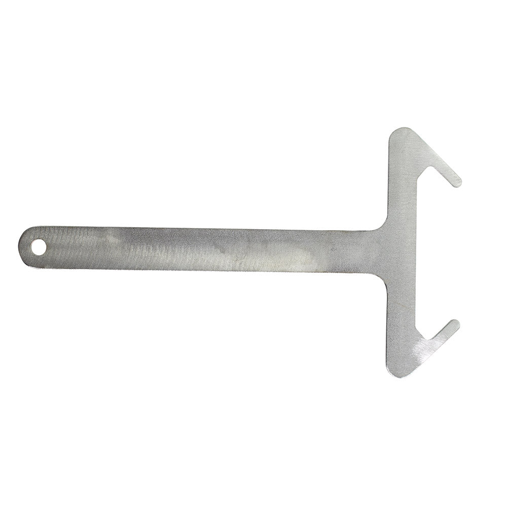 Collins Filter Lid Spanner, flat stainless steel tool with long handle, hole at one end and double-pronged head at the other