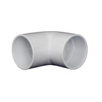 White PVC 90-degree elbow pipe fitting with two open socket ends, smooth curved body, 50mm diameter