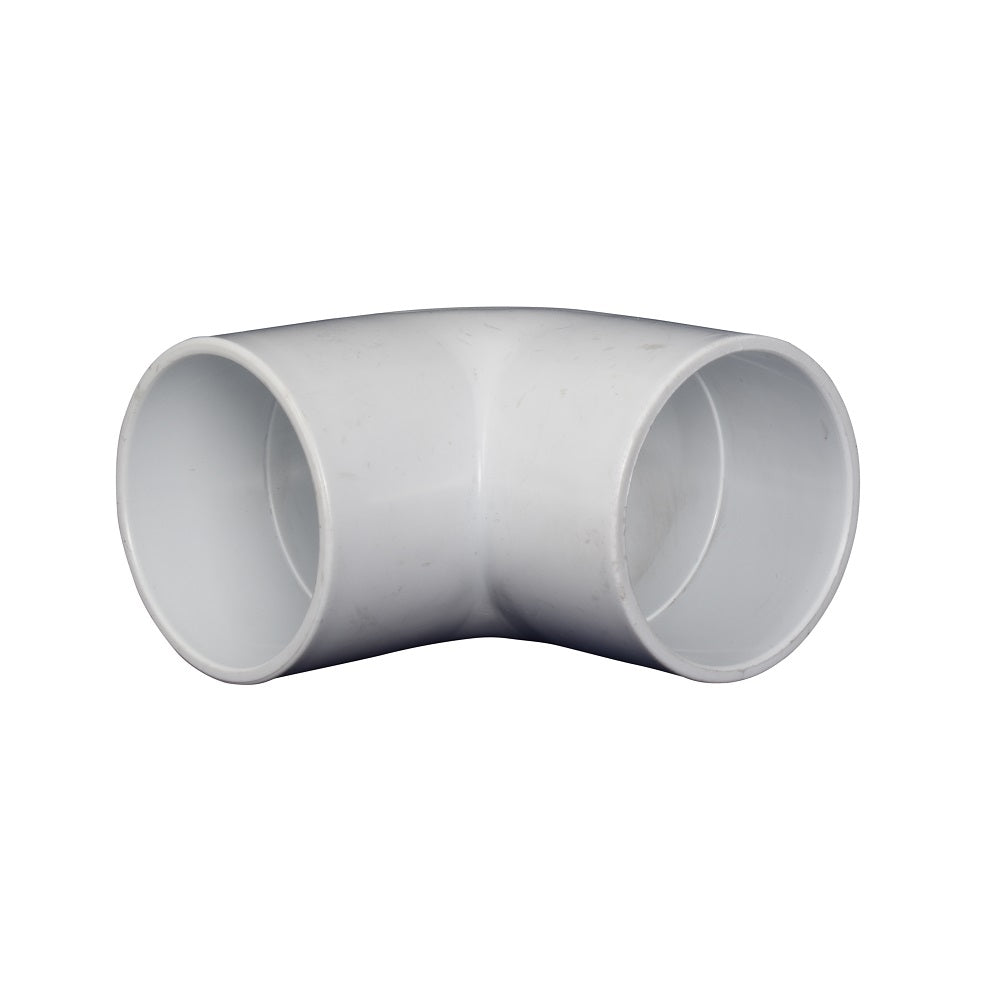 White PVC 90-degree elbow pipe fitting with two open socket ends, smooth curved body, 50mm diameter
