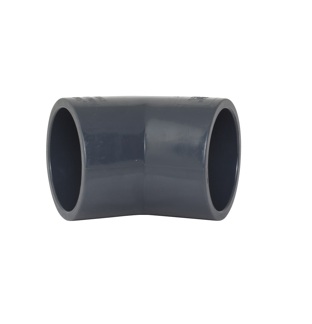 Grey PVC 45-degree elbow pipe fitting with two socket ends, 63mm, smooth curved body with embossed markings