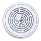 White plastic round pool bottom drain cover with concentric circle grid pattern and central hub opening