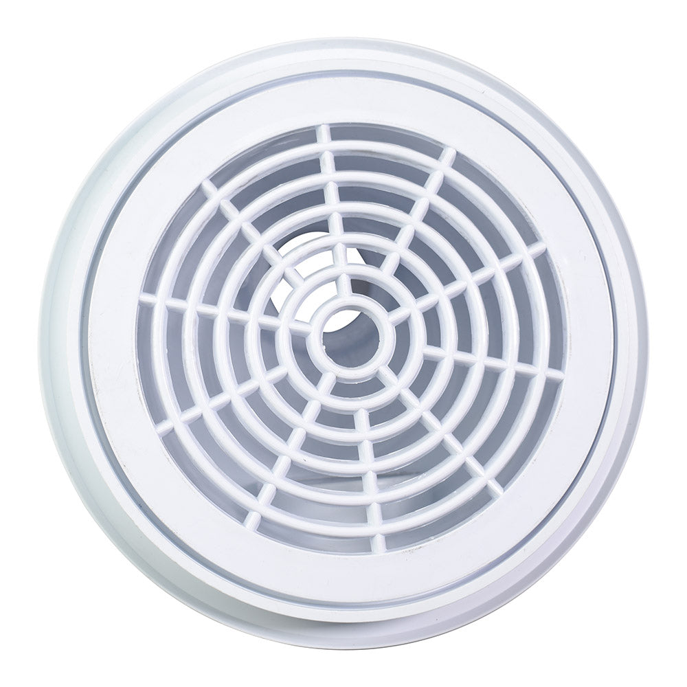 White plastic round pool bottom drain cover with concentric circle grid pattern and central hub opening