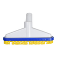 Vacuum sweeper brush head with white plastic body, blue trim, and yellow bristles, featuring a central pole attachment socket