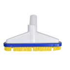 Vacuum sweeper brush head with white plastic body, blue trim, and yellow bristles, featuring a central pole attachment socket