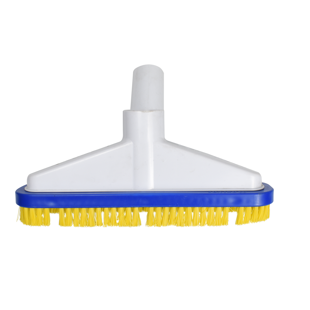 Vacuum sweeper brush head with white plastic body, blue trim, and yellow bristles, featuring a central pole attachment socket