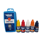 Aqua Pro 4-in-1 Test Kit with blue carry case and five labelled reagent bottles for chlorine, pH, alkalinity, and acid demand testing