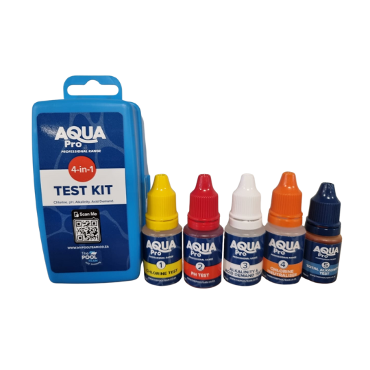 Aqua Pro 4-in-1 Test Kit with blue carry case and five labelled reagent bottles for chlorine, pH, alkalinity, and acid demand testing