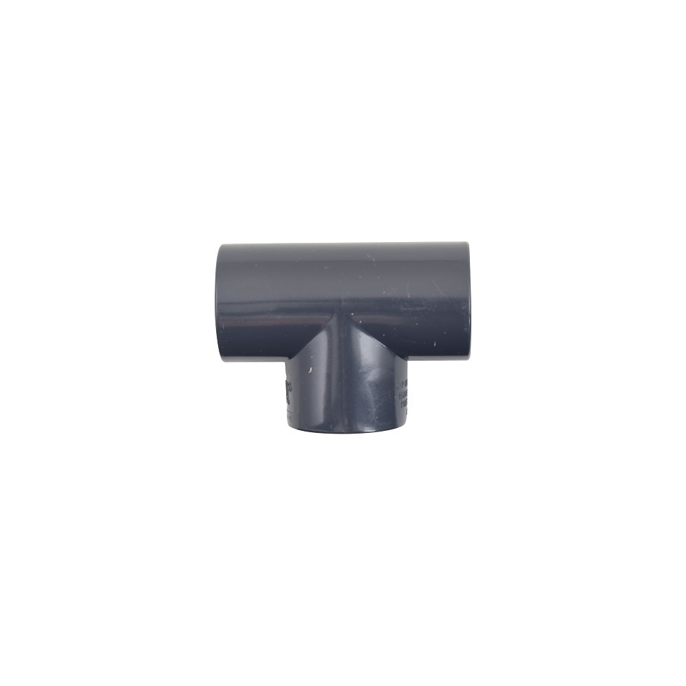 Grey PVC 20mm T-piece pipe fitting with three socket ends in a tee configuration