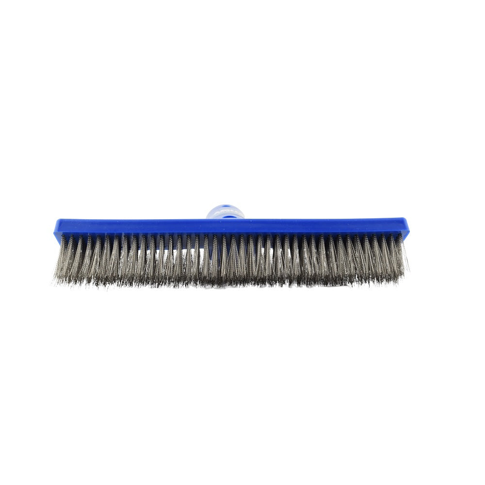 Wide pool brush with blue plastic body and stainless steel wire bristles, 250mm, with centre handle socket mount