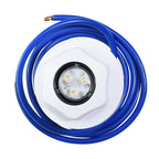 White hexagonal underwater LED pool light with 6-LED cluster, black rubber seal, and coiled blue power cable with bare copper end