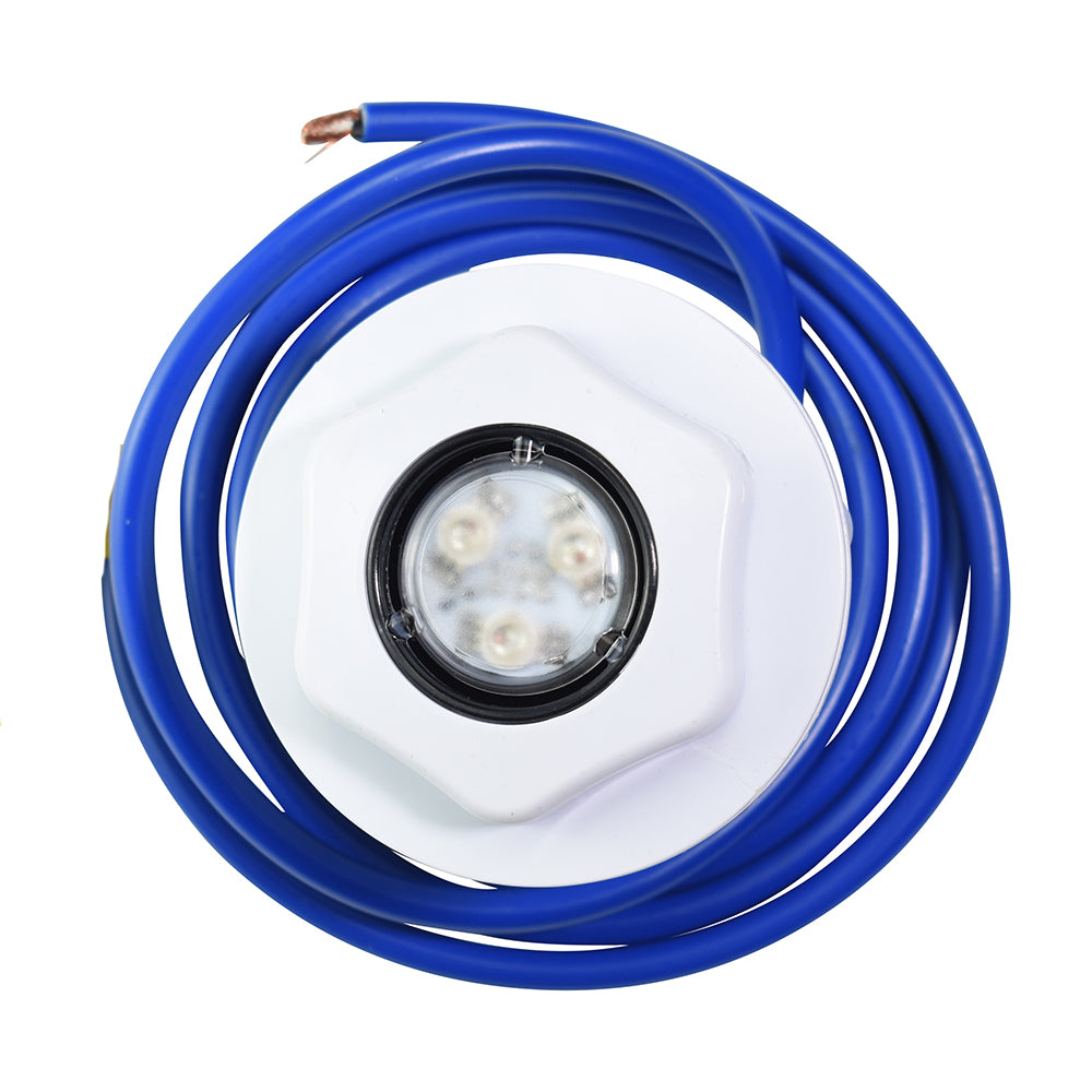 White hexagonal underwater LED pool light with black-rimmed lens and coiled blue lead wire with bare copper end