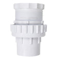 White PVC pool union fitting with threaded male end, ribbed locking collar and smooth spigot socket end