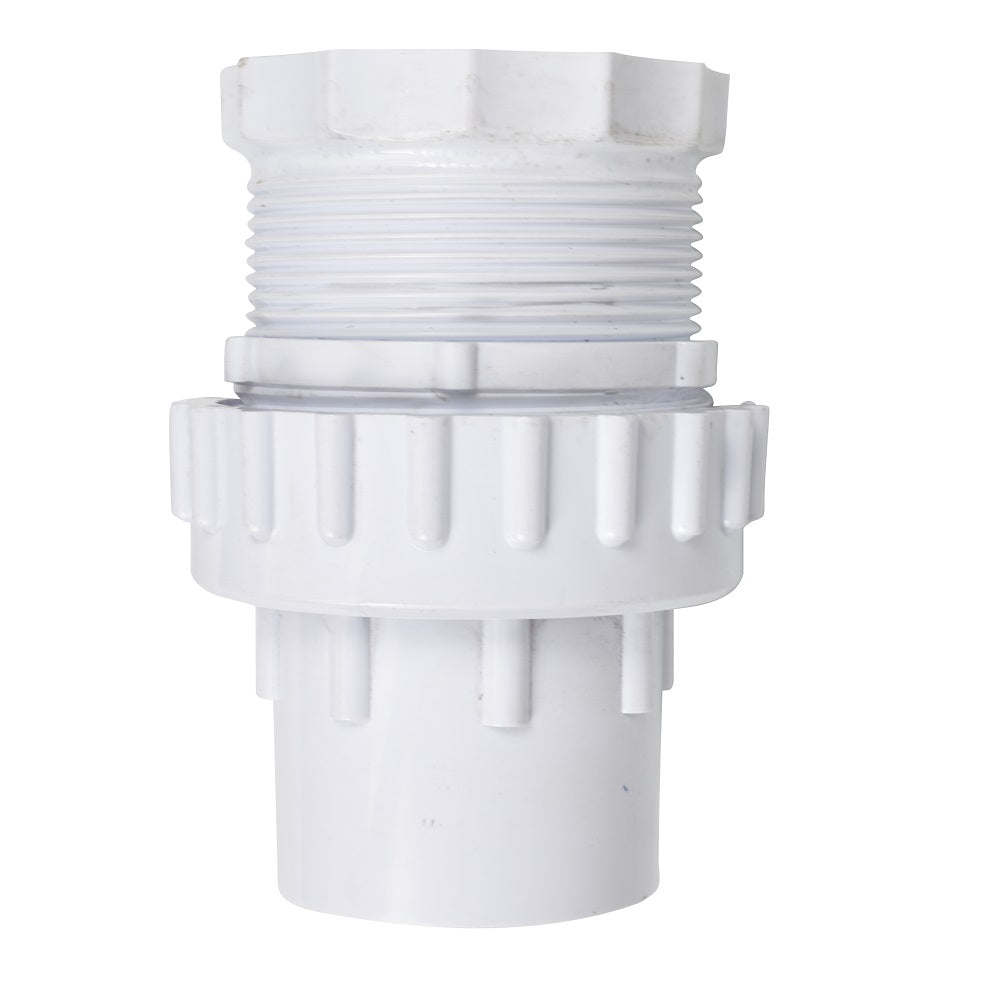 White PVC pool union fitting with threaded male end, ribbed locking collar and smooth spigot socket end
