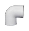 White PVC 90-degree elbow pipe fitting with smooth curved bend and two open socket ends