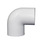 White PVC 90-degree elbow pipe fitting with smooth curved bend and two open socket ends