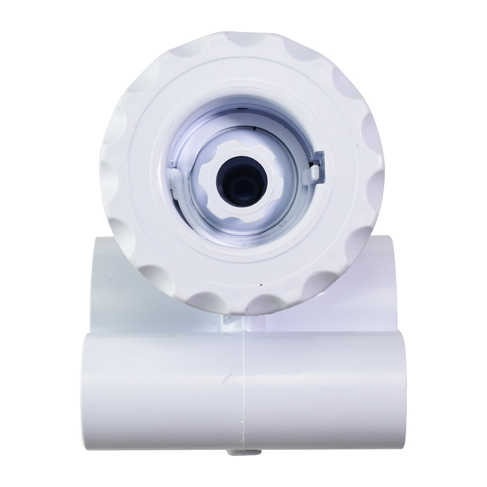 White plastic spa pool jet fitting with scalloped rotating face, central nozzle, and 50mm x 32mm PVC pipe inlet body