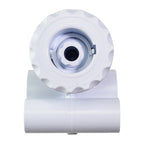 White plastic spa pool jet fitting with scalloped rotating face, central nozzle, and 50mm x 32mm PVC pipe inlet body