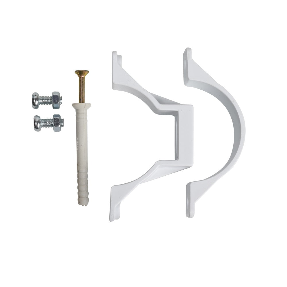 White PVC pipe saddle clamp 50mm with wall plug, gold screw and two silver bolts included