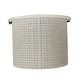 White plastic pool skimmer basket with cylindrical grid design, black handle clips, and square perforated pattern throughout