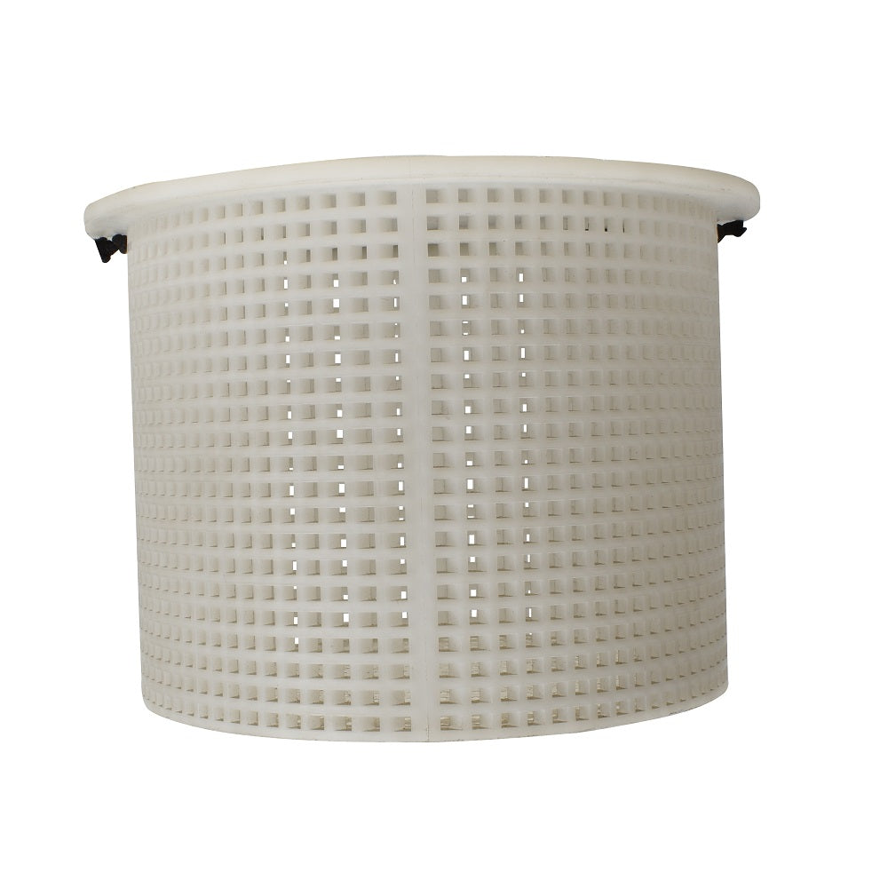 White plastic pool skimmer basket with cylindrical grid design, black handle clips, and square perforated pattern throughout