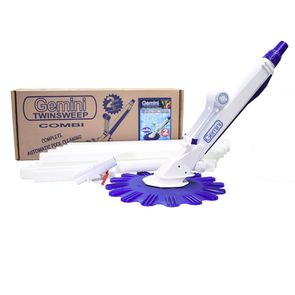 Gemini Twinsweep Combi automatic pool cleaner in white and purple with flexible hose and disc brush head with retail box