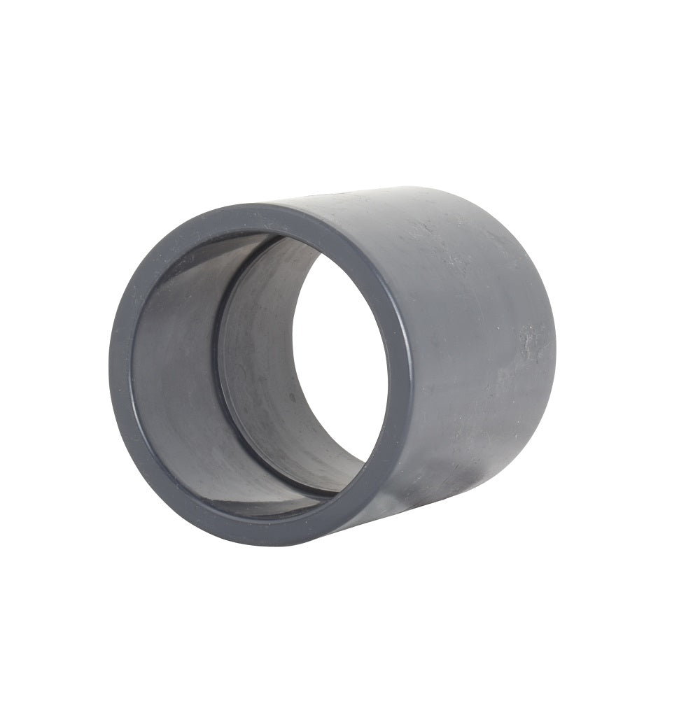 Grey PVC straight coupling pipe fitting 63mm with smooth hollow cylindrical body and open ends
