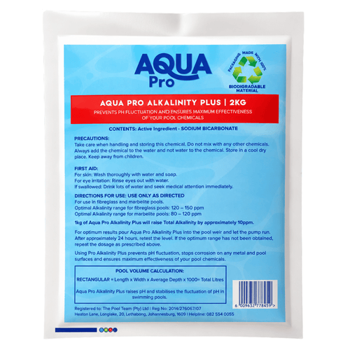 Aqua Pro Alkalinity Plus 2kg pool chemical in a light blue biodegradable resealable bag with red label band