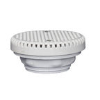 White plastic spa suction drain with round textured grate top, perforated side vents, and threaded pipe fitting base