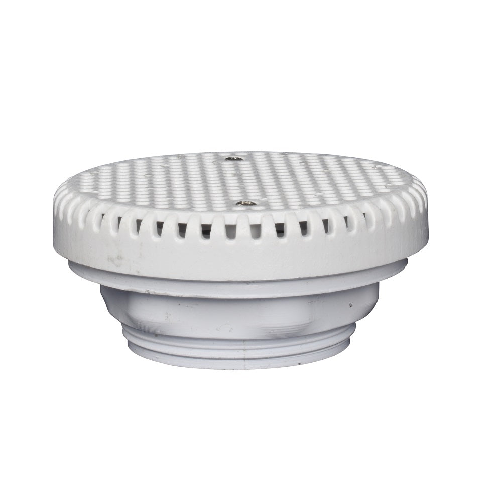 White plastic spa suction drain with round textured grate top, perforated side vents, and threaded pipe fitting base