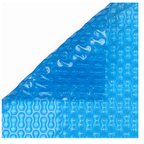 Blue 400 micron solar pool blanket with raised bubble texture, folded corner showing both sides of the blue polyethylene sheet