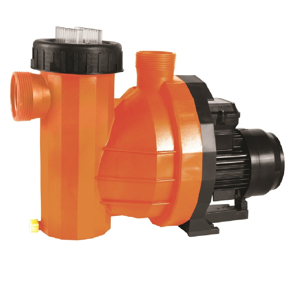 Speck Badu Galaxy 23 1.5kw pool pump in orange and black with threaded inlet, outlet ports, and electric motor unit